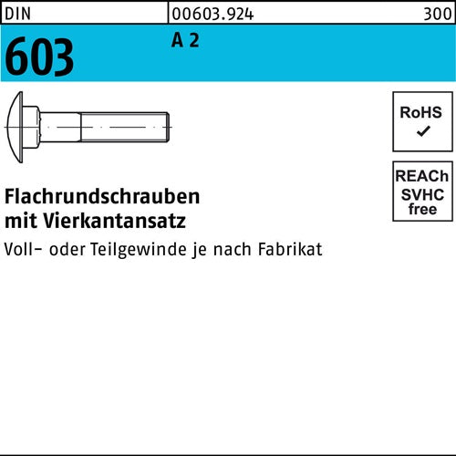 Flachrundschraube DIN 603 mVierkantansatz M 6 x 16 A 2 100 Stück