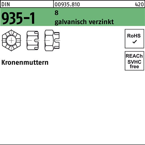 Kronenmutter DIN 935-1 M 16 8 galvanisch verzinkt 50 Stück