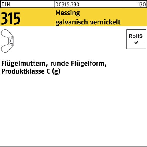 Flügelmutter DIN 315 runde Form M 6 Messing galvanisch vernickelt 100 Stück