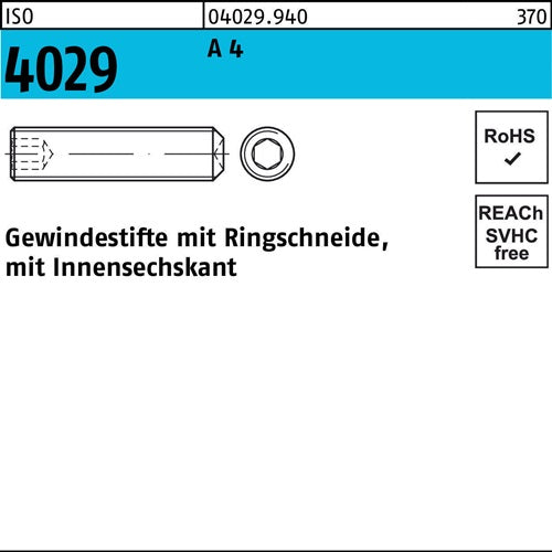 Gewindestift ISO 4029 Ringschneide/Innen-6kt M5x 25 A 4 200 Stück - VPE: 200