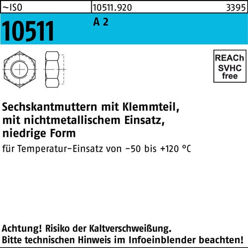 Sechskantmutter ISO 10511 Klemmteil M14 A 2 250 Stück - VPE: 250