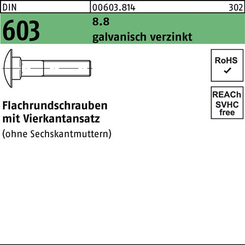 Flachrundschraube DIN 603 mVierkantansatz M 12 x 75 88 galvanisch verzinkt 50 Stück