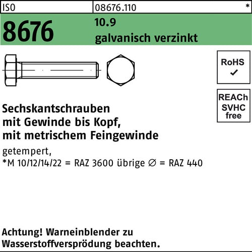 Sechskantschraube ISO 8676 VG M16x15x 80 109 galvverz 25 Stück - VPE: 25