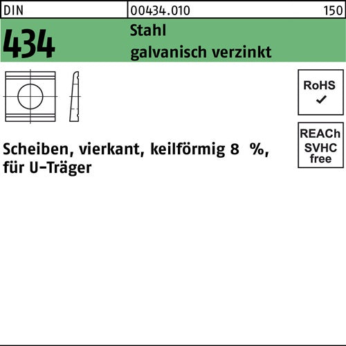 U-Scheibe DIN 434 vierkant keilförmig 11 Stahl galvanisch verzinkt Neigung 8% 100 Stück