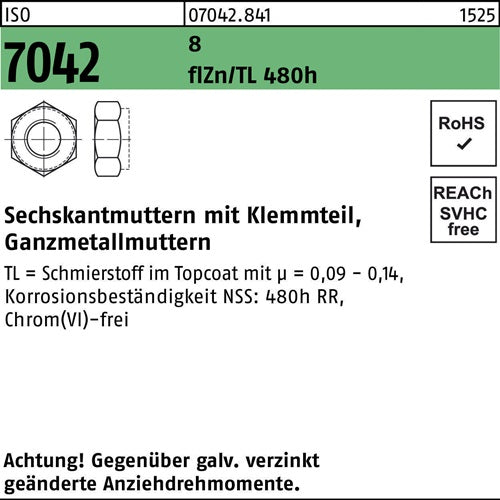 Sechskantmutter ISO 7042 Klemmteil M8 8 zinklamellenbes flZnnc 480h-L 500St - VPE: 500