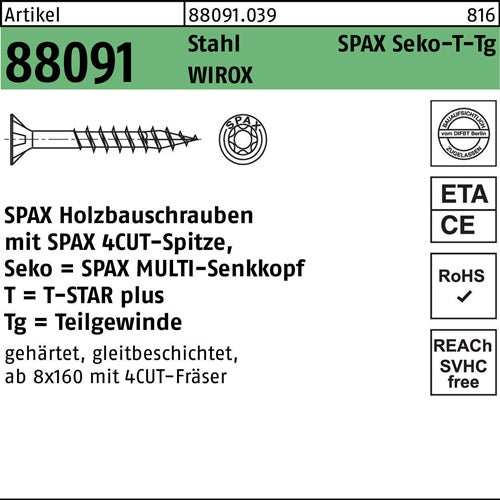 Schraube R 88091 SEKO/T-STAR TG 10x 320/80-T50 Stahl WIROX 50 Stück SPAX - VPE: 50