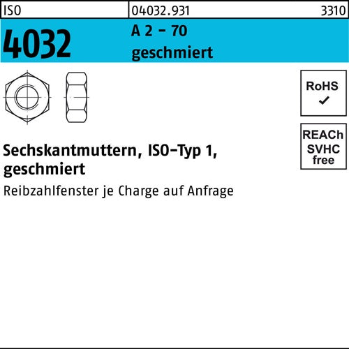 Sechskantmutter ISO 4032 M16 A 2 - 70 geschmiert 50 Stück - VPE: 50