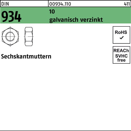 Sechskantmutter DIN 934 M 5 10 galvanisch verzinkt 100 Stück