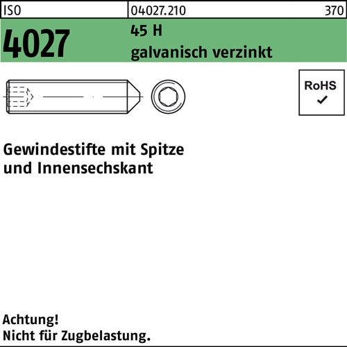 Gewindestift ISO 4027 Spitze/Innen-6kt M16x45 45 H galvverz 50St - VPE: 50