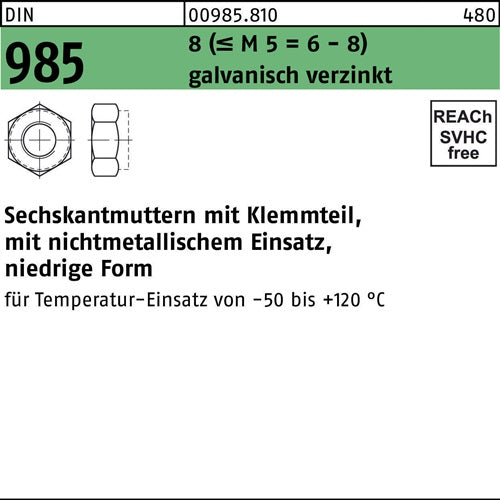 Sechskantmutter DIN 985 mKlemmteil M 12 8 (=M 5 = 6/8 ) galvanisch verzinkt 100 Stück