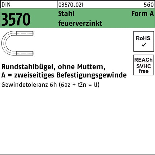 Rundstahlbügel DIN 3570 oMutter A 46 / NW 32 Stahl feuerverzinkt 100 Stück