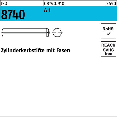 Zylinderkerbstift ISO 8740 Fasen 8x 16 A 1 100 Stück - VPE: 100