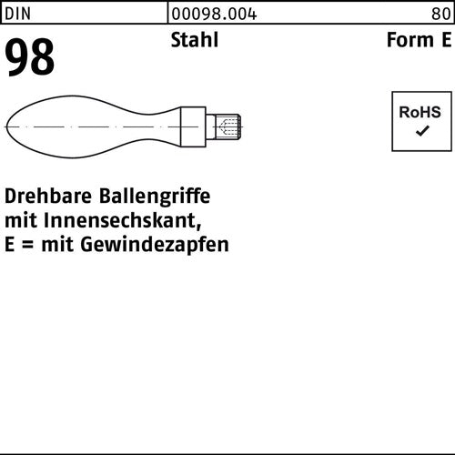 Ballengriff DIN 98 mGewindezapfen E 20 M 8 Stahl 10 Stück