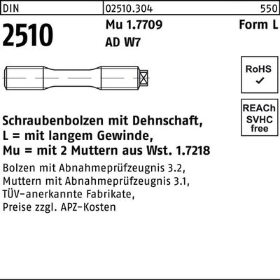 Schraubenbolzen DIN 2510 mDehnschaft/2Muttern LM 16 x 130 Mu 17709 1 Stück