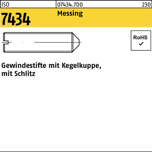 Gewindestift ISO 7434 Kegelkuppe/Schlitz M3x 6 Messing 100 Stück - VPE: 100