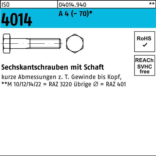 Sechskantschraube ISO 4014 mSchaft M 10 x 40 A 2-70 100 Stück