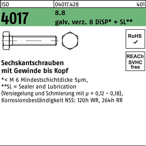 Sechskantschraube ISO 4017 VG M6x 70 88 galvverz 8 DiSP+SL 200 Stück - VPE: 200