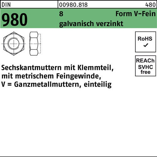 Sechskantmutter DIN 980 mKlemmteil VM 22 x 15 8 galvanisch verzinkt 50 Stück