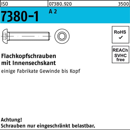 Flachkopfschraube ISO 7380-1 Innen-6kt M5x 10 A 2 500 Stück - VPE: 500