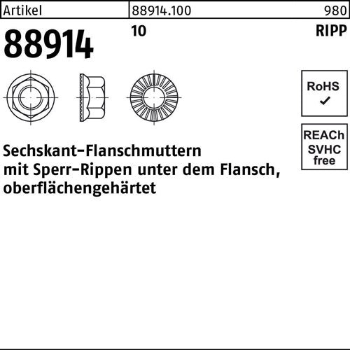 Sechskantflanschmutter R 88914 Sperr-Ripp M10 10 200 Stück - VPE: 200