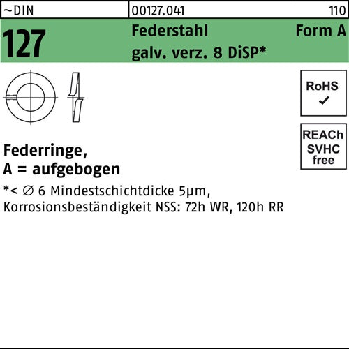 Federring DIN 127 A 8 Federstahl galvanisch verzinkt 8 DiSP 1000 Stück