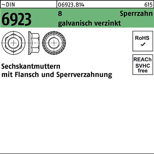 Sechskantmutter DIN 6923 Flansch/Sperrverzahnung M5 8 galvverz 1000 Stück - VPE: 1000