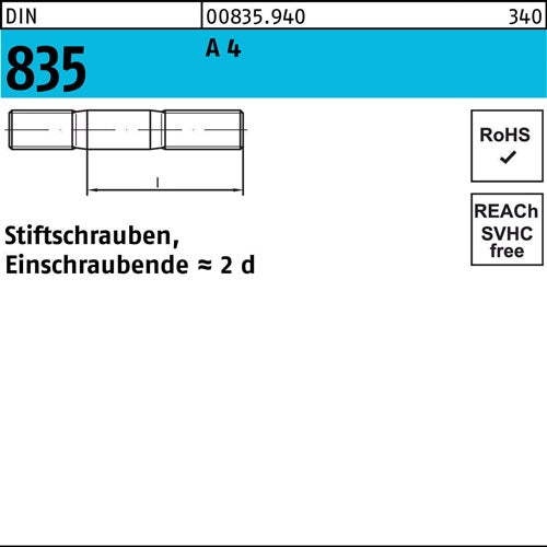Stiftschraube DIN 835 M 12 x 50 A 4 Einschraubende=2d 10 Stück
