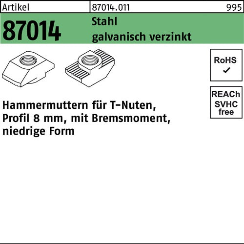 Hammerkopfmutter R 87014 mBremsmoment niedrig 8mm M 5 Stahl galvanisch verzinkt 100 Stück
