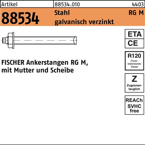 Ankerstange R 88534 Mutter/Scheibe RG M16x250 Stahl galvverz 10St FISCHER - VPE: 10