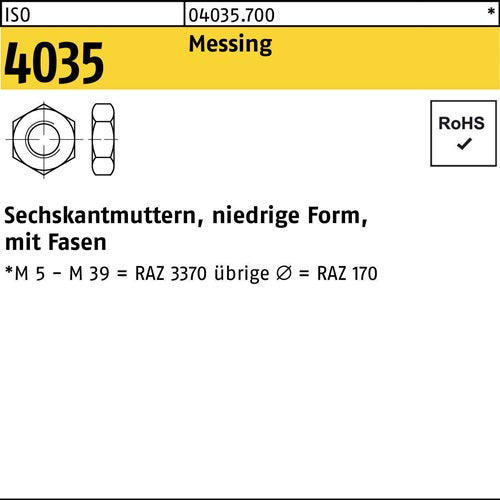 Sechskantmutter ISO 4035 niedrig Fasen M2 Messing 100 Stück - VPE: 100