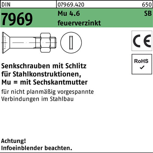 Senkschraube DIN 7969 U/CE Schlitz/Mutter M16x 50 46 feuerverz 50St - VPE: 50