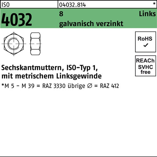 Sechskantmutter ISO 4032 links M20 8 galvverz 50 Stück - VPE: 50