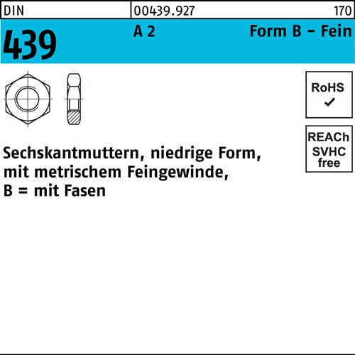 Sechskantmutter DIN 439 Form B BM 24 x 15 A 2 10 Stück