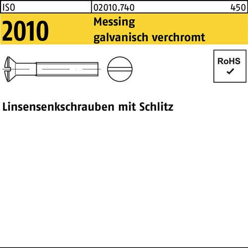 Linsensenkschraube ISO 2010 mSchlitz M 5 x 20 Messing galvanisch verchromt 200 Stück