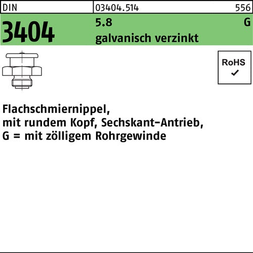 Flachschmiernippel DIN 3404 mrundem Kopf/6-kant G 3/8-22 SW 22 58 galvanisch verzinkt 25 Stück
