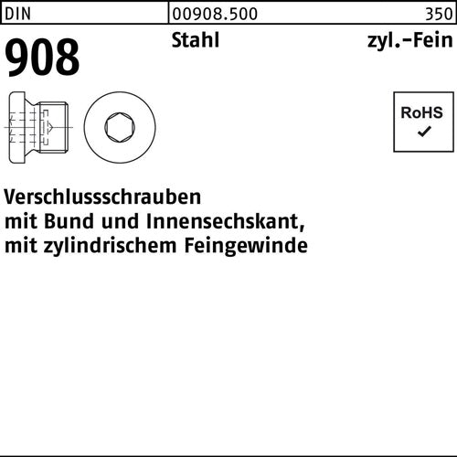 Verschlußschraube DIN 908 mBund/Innen-6-kant M 22 x 15 Stahl 25 Stück