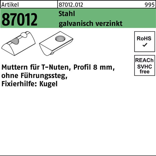 T-Nutenmutter R 87012 oFührungssteg 8mm M 8 Stahl galvanisch verzinkt 100 Stück