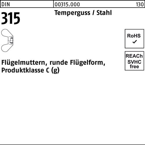 Flügelmutter DIN 315 runde Form M 8 Temperguss 100 Stück