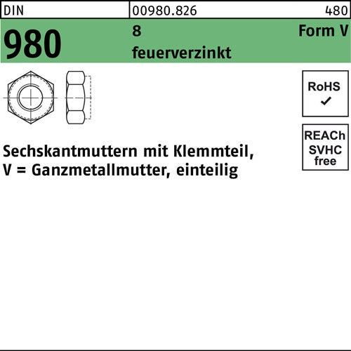Sechskantmutter DIN 980 Klemmteil V M16 8 feuerverz 100 Stück - VPE: 100
