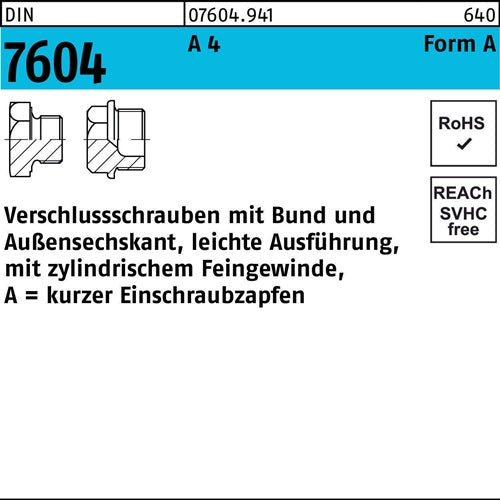 Verschlußschraube DIN 7604 mBund AM 16 x 15 A 4 10 Stück