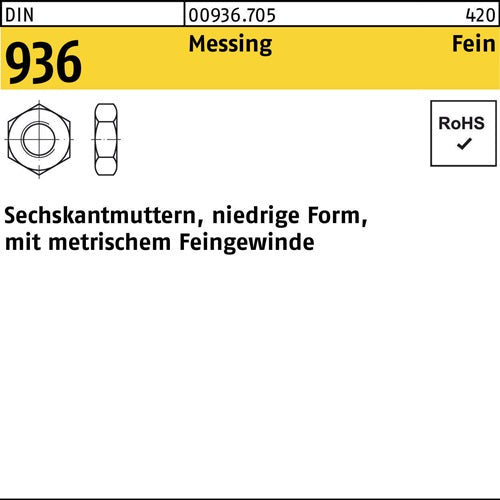 Sechskantmutter DIN 936 M 12 x 15 Messing 100 Stück