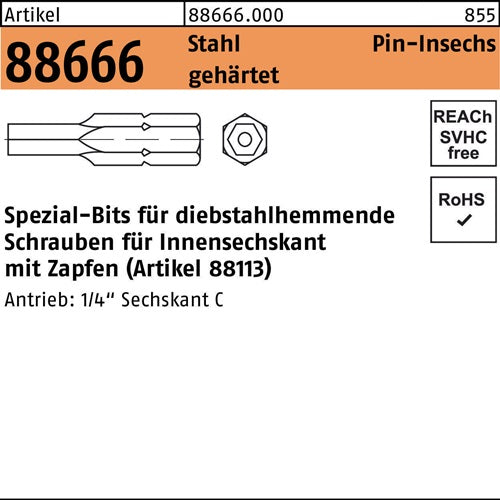 Bit R 88666 Innen-6kt Zapfen SW2 /M 3+M35 Stahl gehärtet 1 Stück