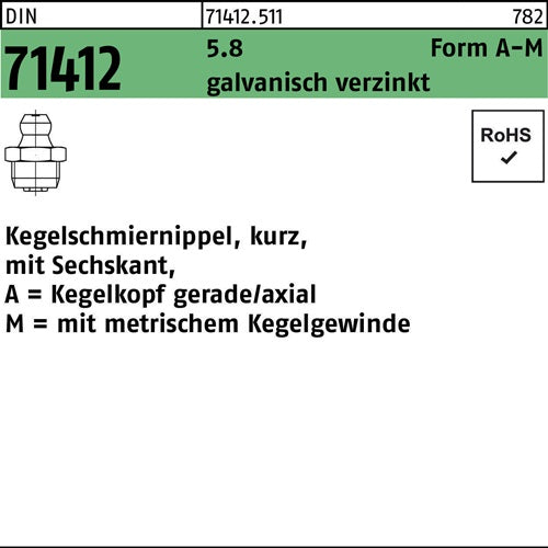 Kegelschmiernippel DIN 71412 FormA-M AM 6x1 SW 7 58 galvverz 100St - VPE: 100