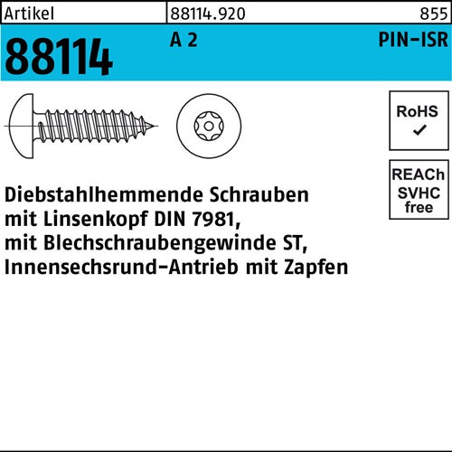 Schraube R 88114 diebstahlh Liko ISR Zapfen 63x 25 A 2 100 Stück - VPE: 100