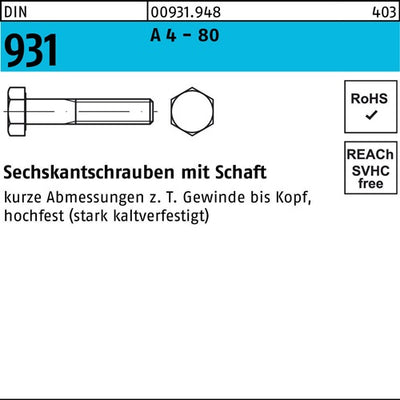 Sechskantschraube DIN 931 mSchaft M 16 x 170 A 4 - 80 10 Stück