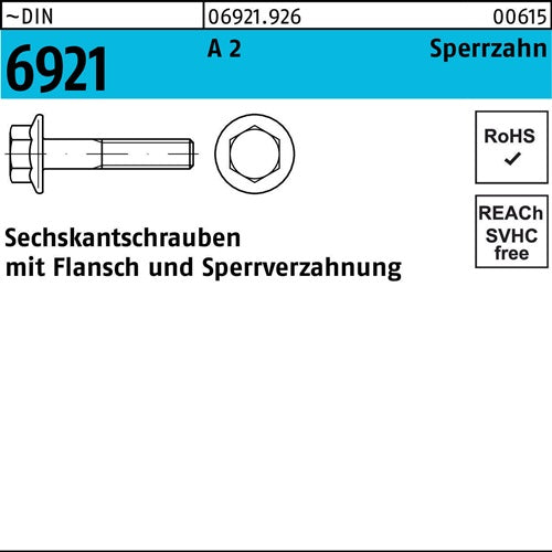 Sechskantschraube DIN 6921 Flansch M6x 20 A 2 Sperrzahnung 200 Stück - VPE: 200