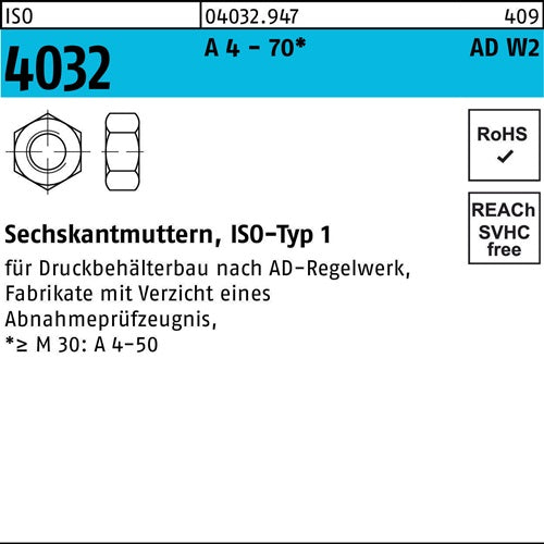 Sechskantmutter ISO 4032 M12 A 4 - 70 AD-W2 100 Stück - VPE: 100