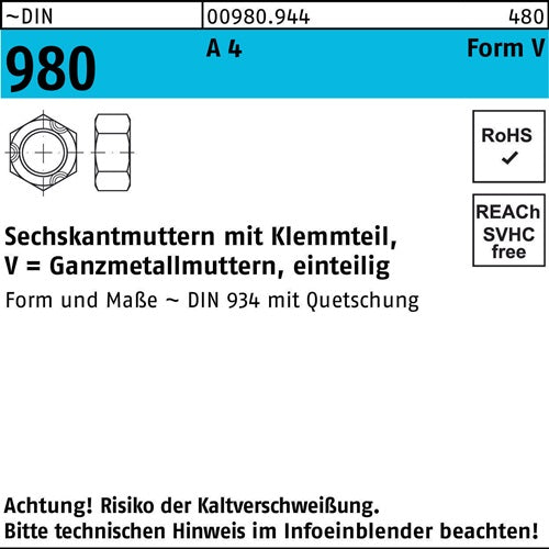 Sechskantmutter DIN 980 mKlemmteil VM 8 A 4 500 Stück