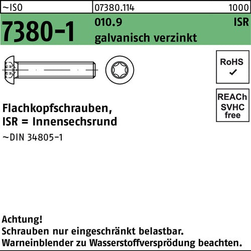 Flachkopfschraube ISO 7380-1 ISR M5x12-T25 0109 galvverz 500St - VPE: 500