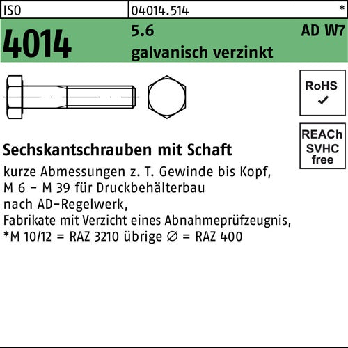 Sechskantschraube ISO 4014 mSchaft M 12 x 85 56 W7 galvanisch verzinkt 50 Stück